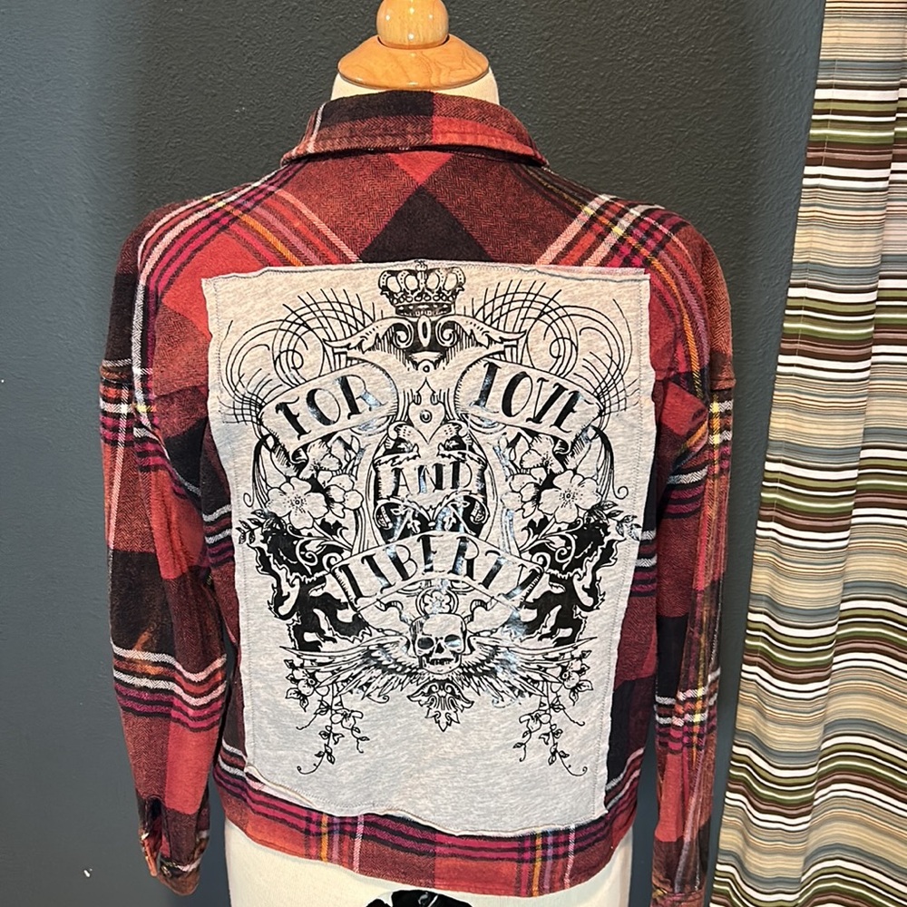 Distressed Cropped Flannel with Patchwork on back size Medium